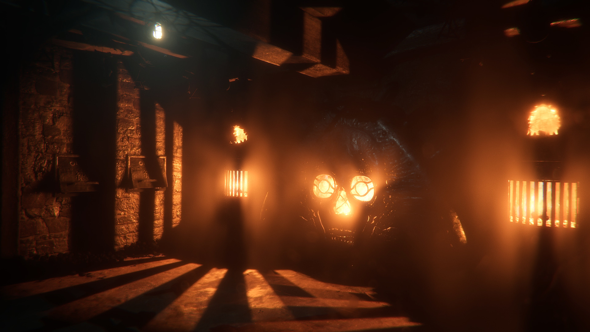 A figure moving through a dark corridor lit by orange fire