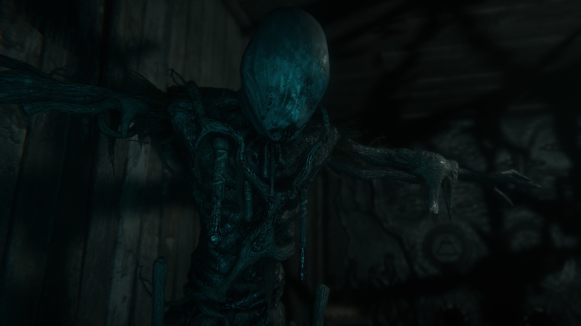A tall faceless creature reaching forward in a dark room