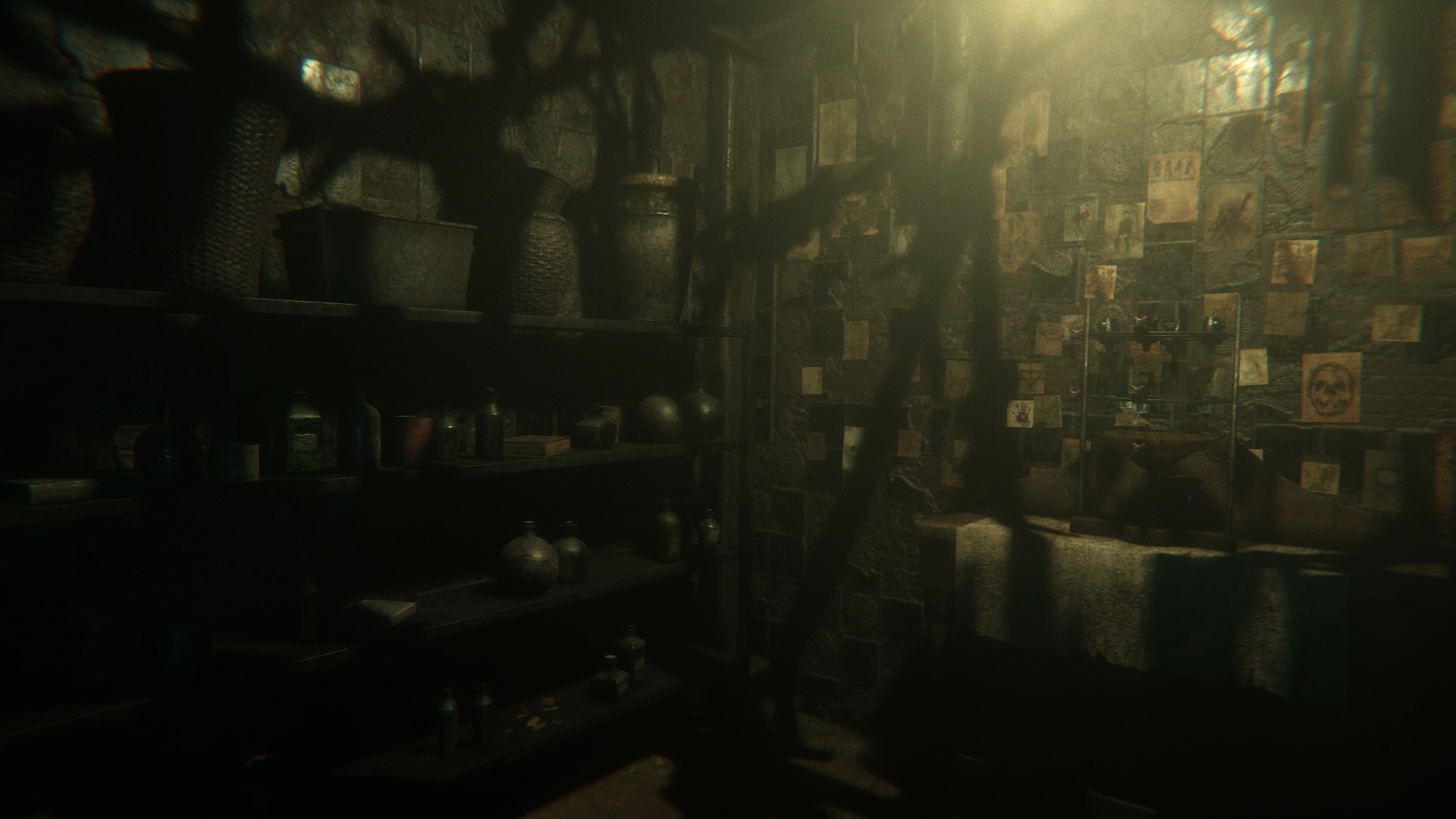 A shadowy workroom covered with bottles, notes, and occult drawings